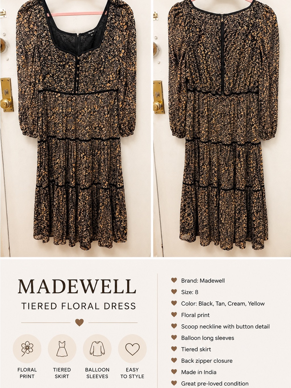 Madewell Black Floral Tiered Dress with Tan and Cream Accents